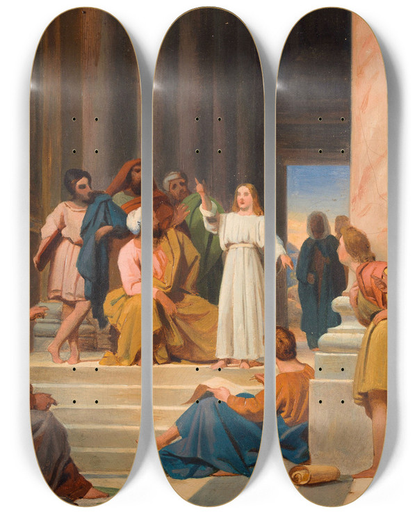 Triptych art skateboard deck of Michelmartin Drolling Jesus Among The Doctors by Michel-Martin Drolling (1786-1851)