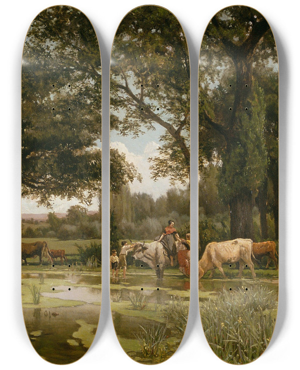 Triptych art skateboard deck of Joaquim Vayreda Summer Bloom by Joaquim Vayreda (1843-1894)