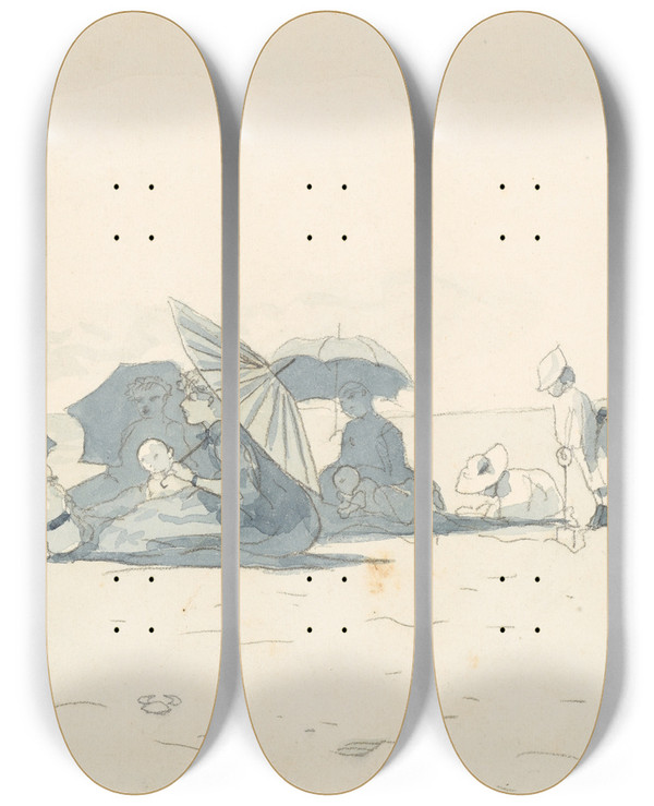 Triptych art skateboard deck of Winslow Homer Women And Children On Beach At Long Branch Newjersey by Winslow Homer (1836-1910)