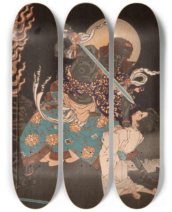 Triptych art skateboard deck of Tsukioka Yoshitoshi Yten Swallowing The Sword Of Fud by Tsukioka Yoshitoshi (1839-1892)