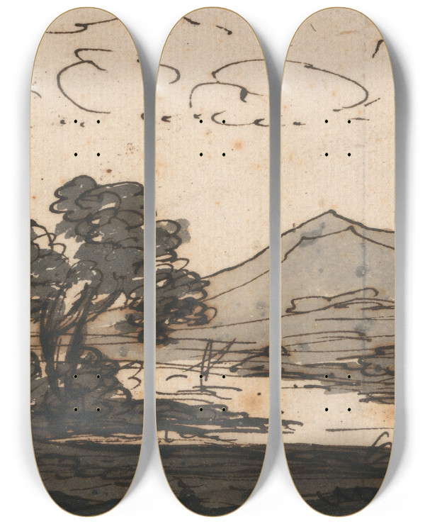 Triptych art skateboard deck of Alexander Cozens Landscape With Mountain And Lake by Alexander Cozens (1717-1786)