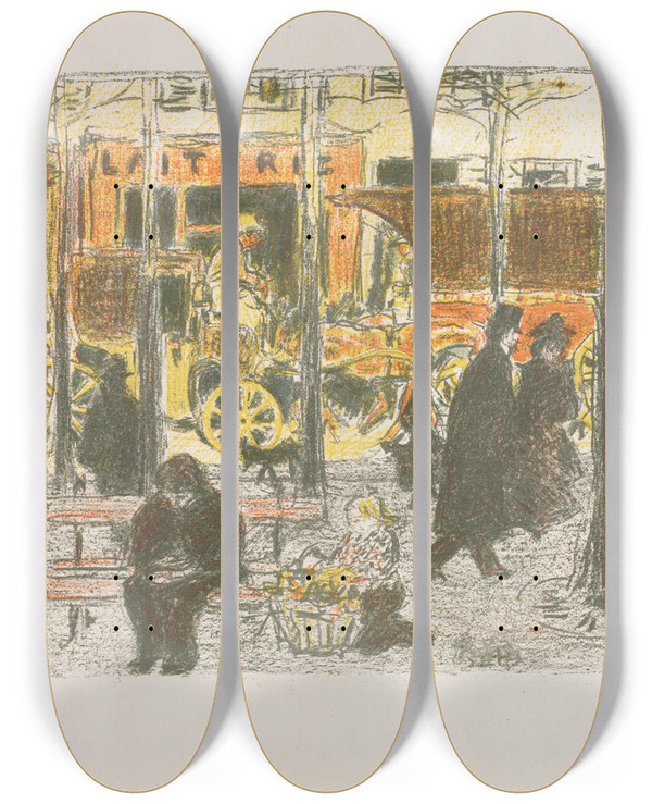 Triptych art skateboard deck of Pierre Bonnard Some Aspects Of Paris Life Boulevard by Pierre Bonnard (1867-1947)