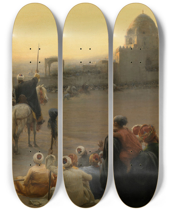 Triptych art skateboard deck of Karel Ooms Fantasia In Egypt by Karel Ooms (1845-1900)