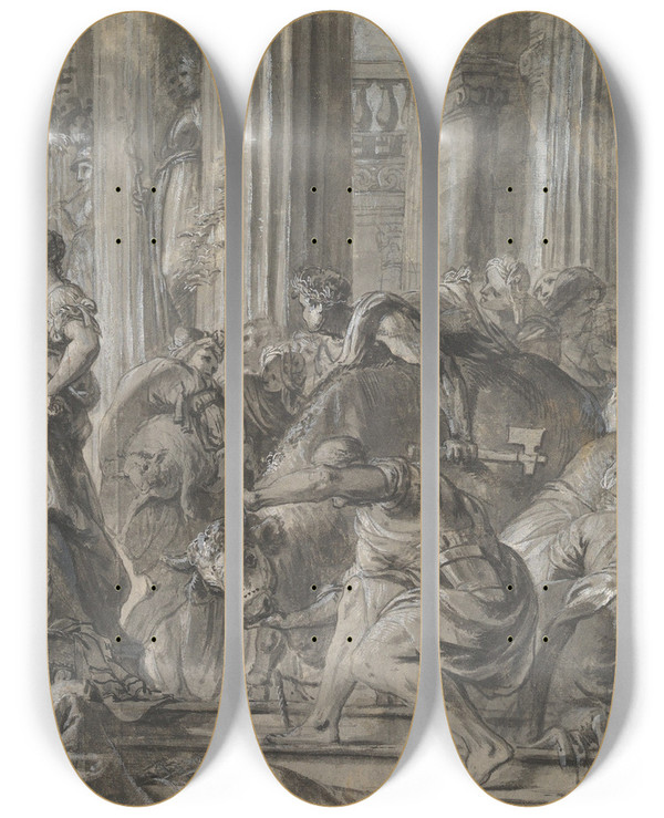 Triptych art skateboard deck of Jan Erasmus Quellinus Samuel Anointing The Young David by Jan Erasmus Quellinus (1634-1715)