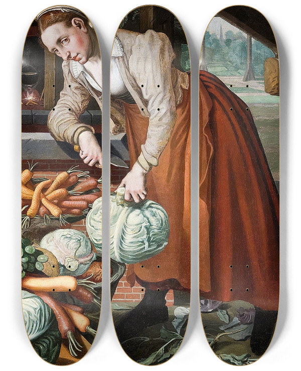 Triptych art skateboard deck of Pieter Aertsen Market Scene by Pieter Aertsen (1508-1575)