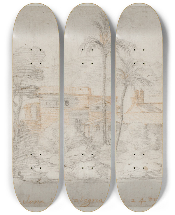 Triptych art skateboard deck of Federico Zuccaro Udsigt Over Barcelona by Federico Zuccaro (1542-1609)
