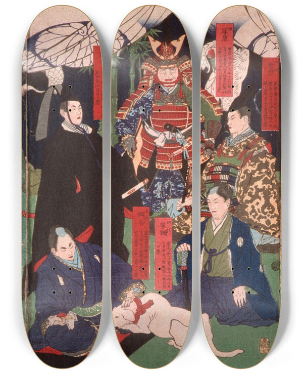 Triptych art skateboard deck of Tsukioka Yoshitoshi Portraits Of The Generations Of The Tokugawa Clan by Tsukioka Yoshitoshi (1839-1892)