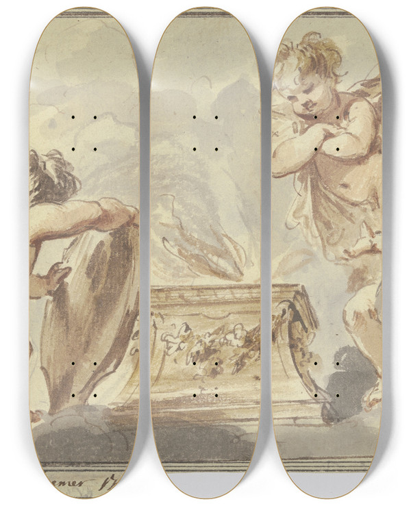 Triptych art skateboard deck of Jacob De Wit Five Putti At A Sacrificial Altar by Jacob de Wit (1695-1754)