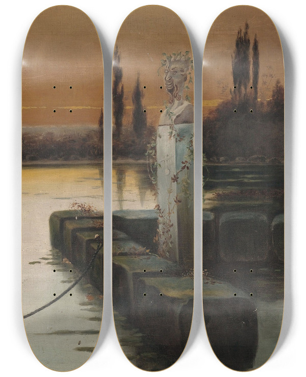 Triptych art skateboard deck of Enric Serra Auqu Abendstimmung In Den Pontinischen Smpfen by Enric Serra Auque (1859-1918)