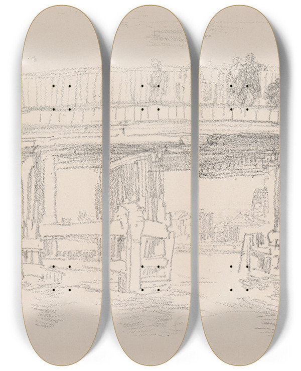 Triptych art skateboard deck of James Abbott Mcneill Whistler Old Battersea Bridge_2 by James Abbott Mcneill Whistler (1834-1903)