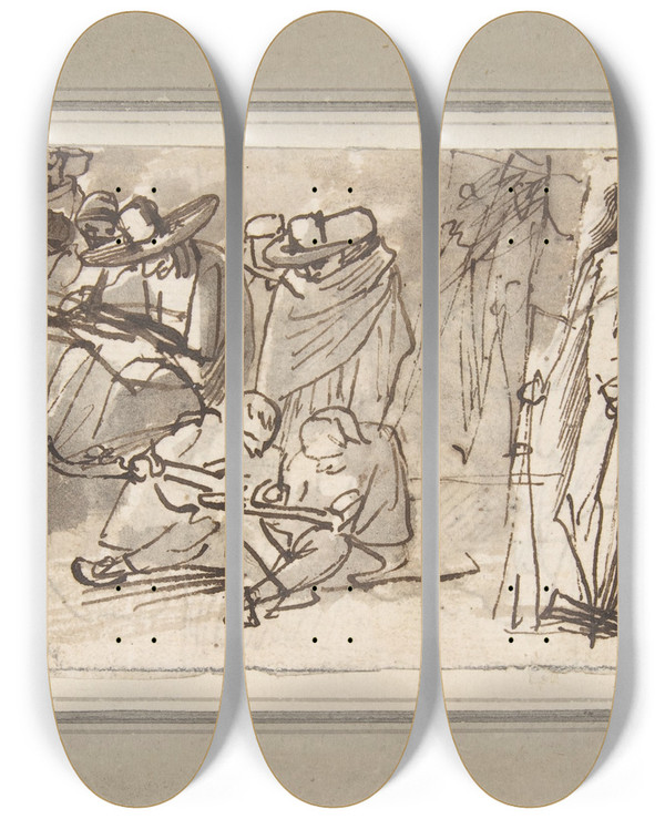 Triptych art skateboard deck of Pier Francesco Mola Artists Drawing And Painting In A Studio by Pier Francesco Mola (1612-1666)