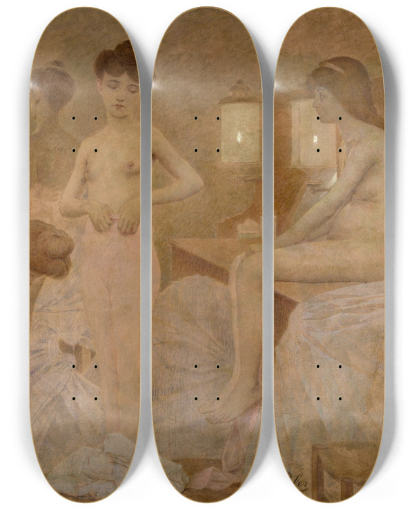 Triptych art skateboard deck of Fernand Pelez Les Danseuses by Fernand Pelez (1843-1913)