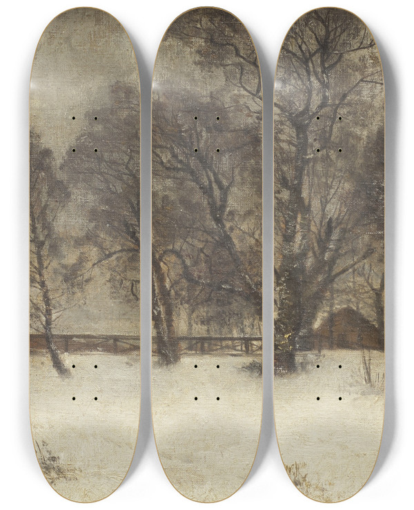 Triptych art skateboard deck of Oscar Trn Landscape At Skedevi by Oscar Torna (1842-1894)