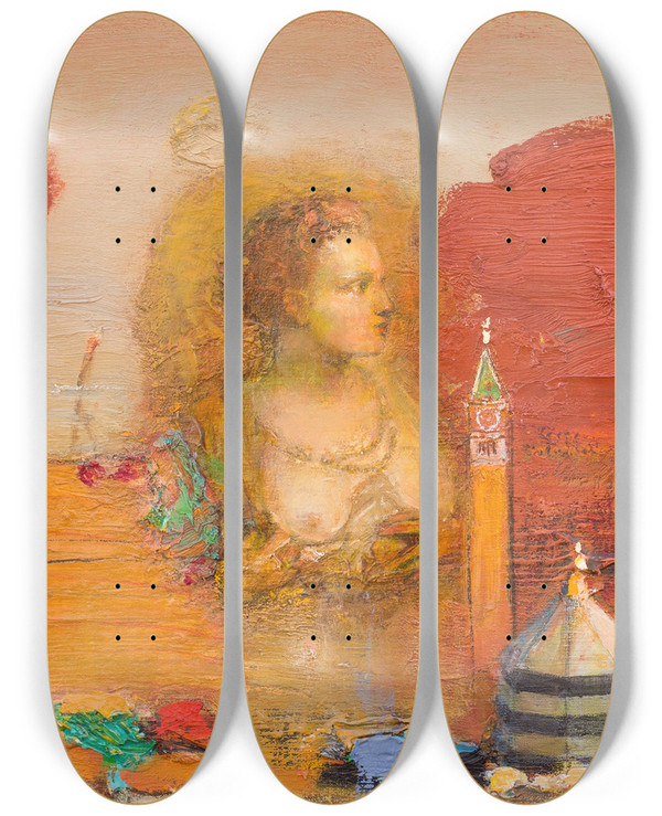 Triptych art skateboard deck of Tiit Psuke Veneetsia Punane by Tiit Paasuke (1941)