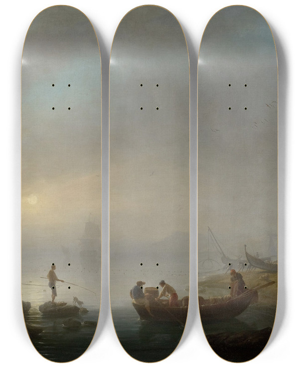 Triptych art skateboard deck of Charlesfranois Grenier De Lacroix An Italian Port Scene by Charles Francois Grenier De Lacroix (1700-1782)