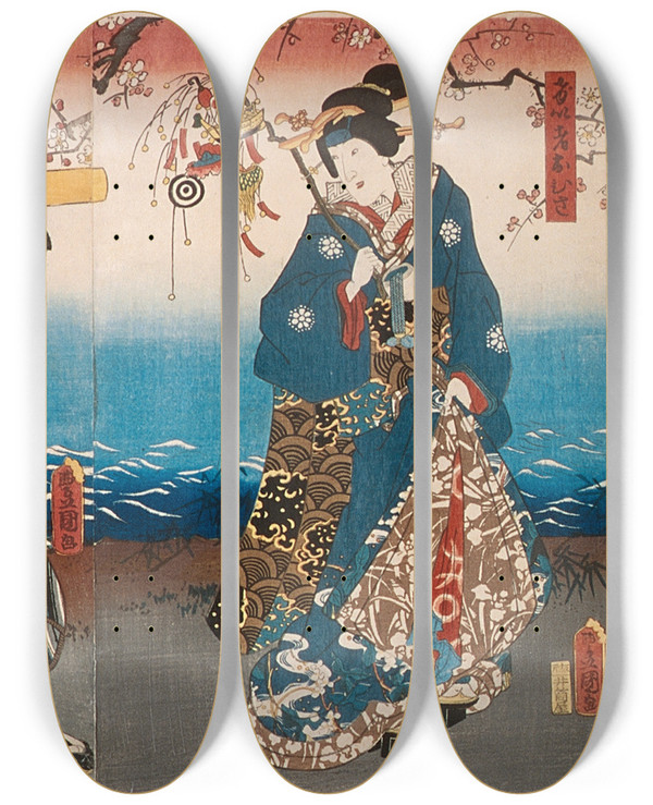 Triptych art skateboard deck of Utagawa Kunisada Toyokuni Iii Iwai Hanshir Viii As Geisha Ohisa Kataoka Gad Ii As Matsushiyama Jinzabur And Onoe Kikujir Ii As Izumiyas Wife Oume In The Play Matsuich Tsurukame Soga by Utagawa Kunisada (Toyokuni III) (1786-1865)