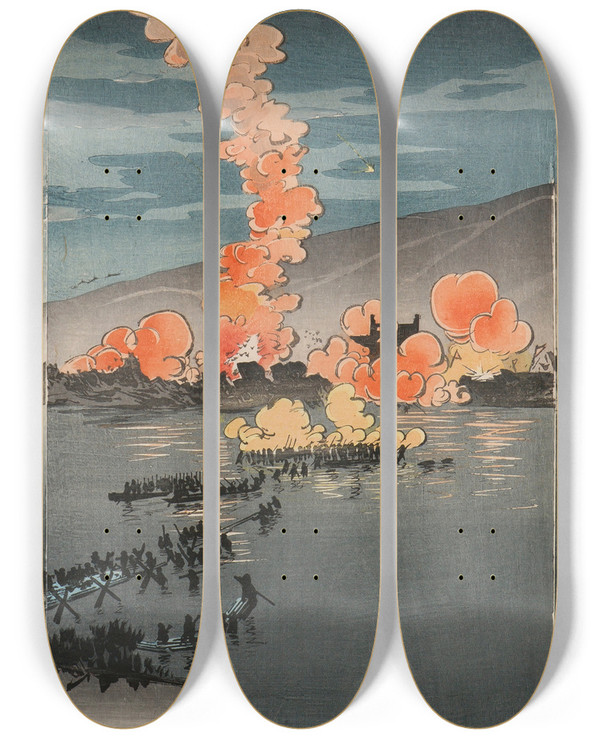 Triptych art skateboard deck of Kobayashi Kiyochika Our Army Attacks The Chinese Encampment At Pyeongyang by Kobayashi Kiyochika (1847-1915)