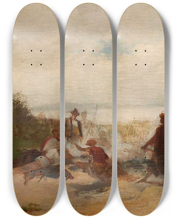 Triptych art skateboard deck of Tytus Seweryn Pilecki In The Steppe by Tytus Seweryn Pilecki (1840-1906)
