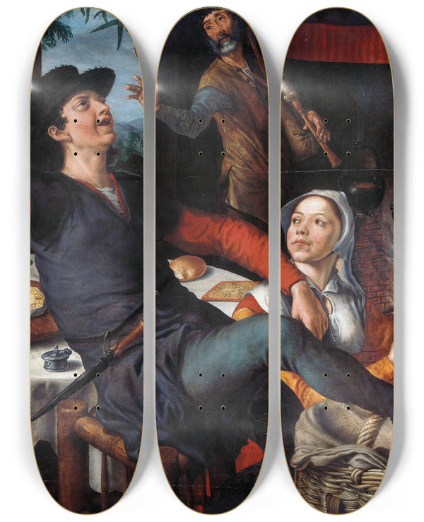 Triptych art skateboard deck of Pieter Aertsen The Egg Dance by Pieter Aertsen (1508-1575)