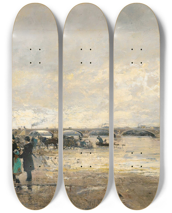 Triptych art skateboard deck of Luigi Loir Les Bords De Laseine Prs Du Pont De Bercy by Loir Luigi (1845-1916)