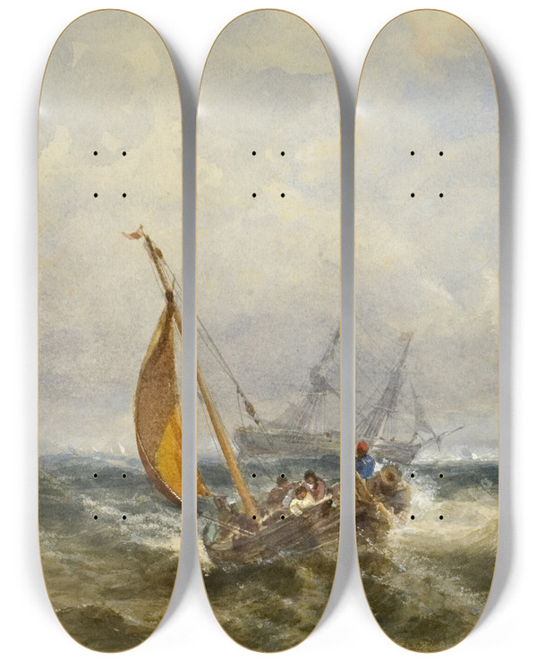 Triptych art skateboard deck of Edwin Hayes Coastal View With Shipping by Edwin Hayes (1819-1904)