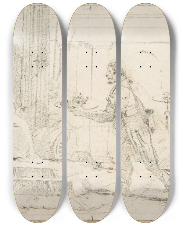 Triptych art skateboard deck of Giovanni Battista Tiepolo Soldiers Offering The Decapitated Head Of A Man And Keys To A General by Giovanni Battista Tiepolo (1696-1770)