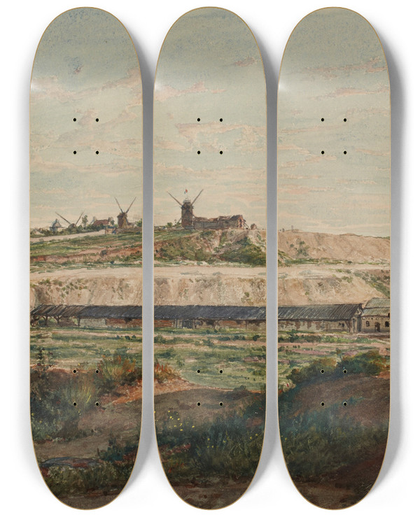 Triptych art skateboard deck of Jeanbaptistefranois Arnauddurbec La Butte Et Les Moulins De Montmartre Face Nord by Jean-Baptiste-Franois Arnaud-Durbec (1827-1910)
