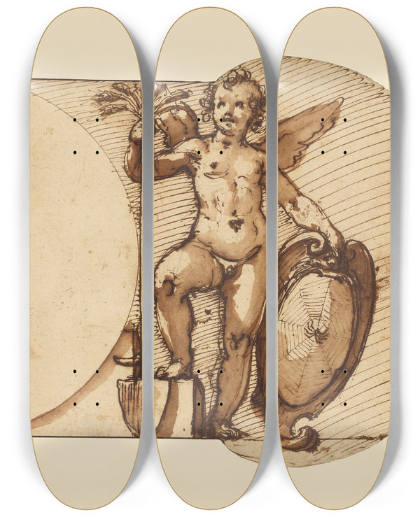 Triptych art skateboard deck of Federico Zuccaro Two Child Angels Symbolizing Patience And Industry by Federico Zuccaro (1542-1609)