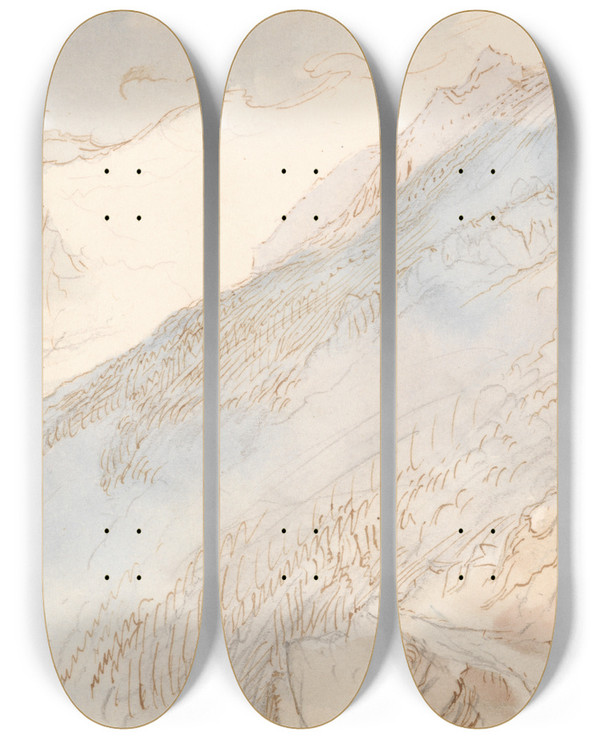 Triptych art skateboard deck of John Ruskin Mountainous Landscape_2 by John Ruskin (1819-1900)