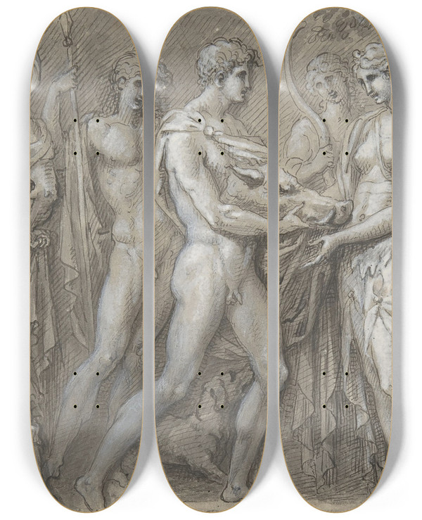 Triptych art skateboard deck of Guillaume Boichot Meleager Presents To Atalanta The Head Of The Calydonian Boar by Guillaume Boichot (1735-1814)