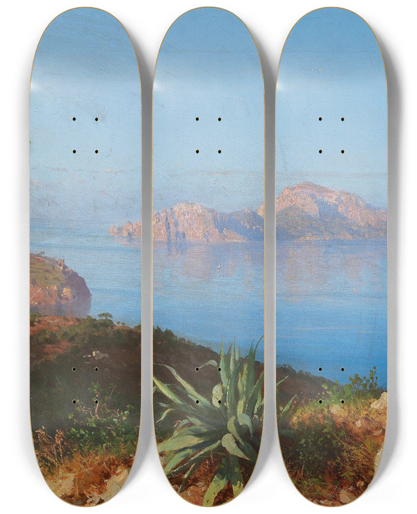 Triptych art skateboard deck of Alessandro La Volpe Blick Auf Capri by Alessandro La Volpe (1819-1887)