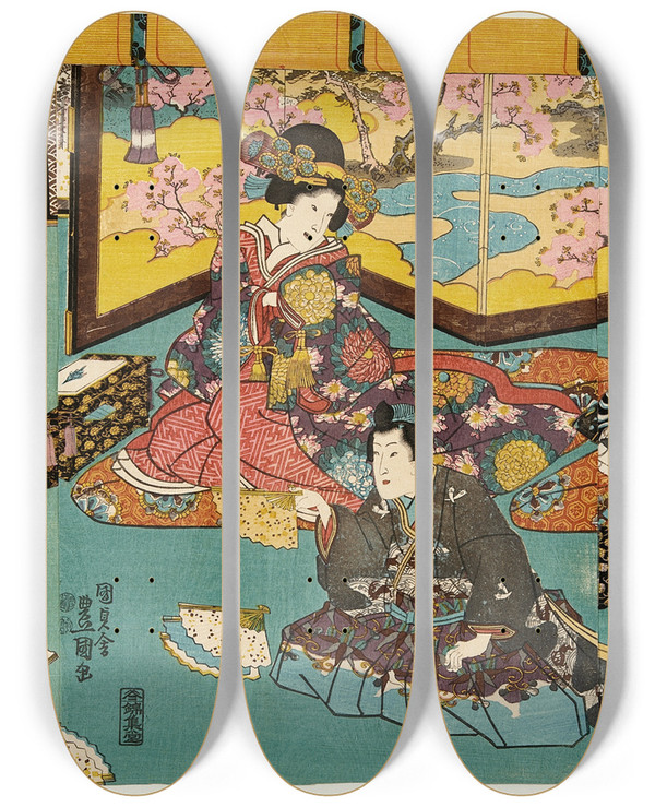 Triptych art skateboard deck of Utagawa Kunisada Toyokuni Iii The Fantossing Game by Utagawa Kunisada (Toyokuni III) (1786-1865)
