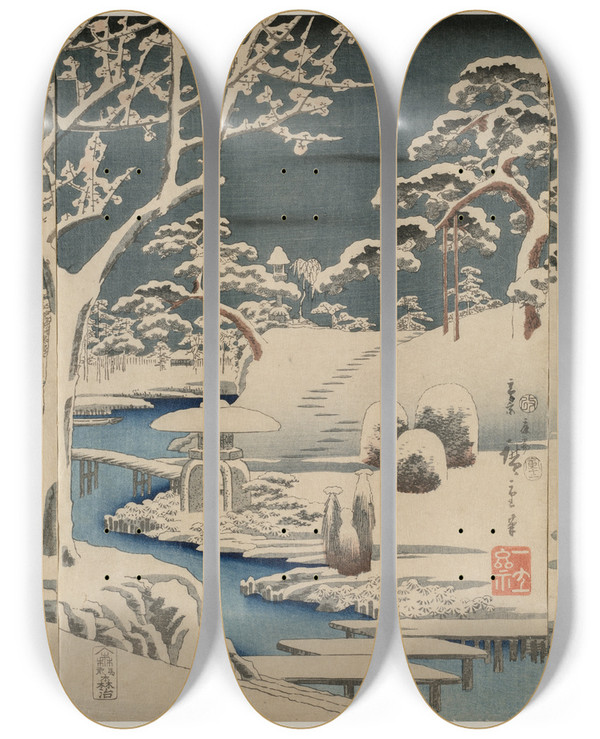 Triptych art skateboard deck of And Hiroshige The Snowy Garden by Ando Hiroshige (1797-1858)