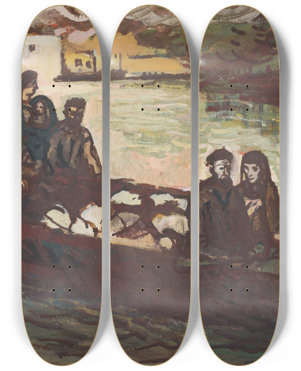 Triptych art skateboard deck of Cyprin Majernk Escape From A Burning Village by Cyprian Majernik (1909-1945)