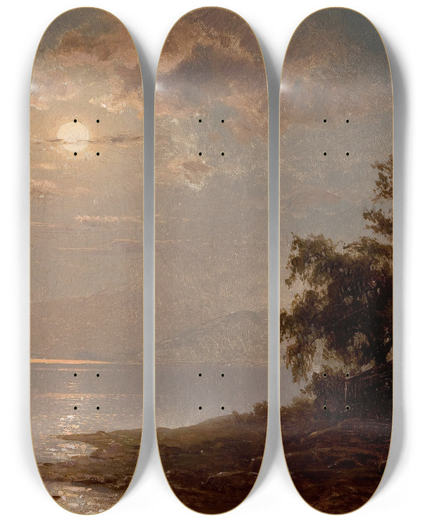 Triptych art skateboard deck of Hermann Fuechsel Moonlit Lake White Mountains by Hermann Fuechsel (1833-1915)
