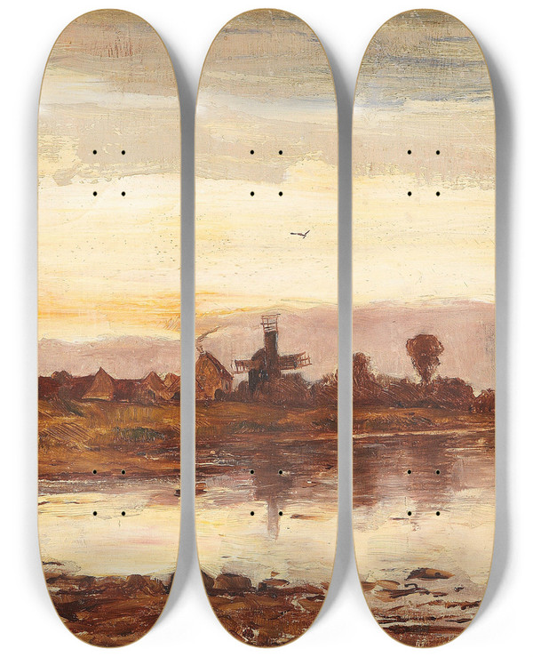 Triptych art skateboard deck of Paul Baum Hollndische Kanallandschaft Mit Windmhle by Paul Baum (1859-1932)