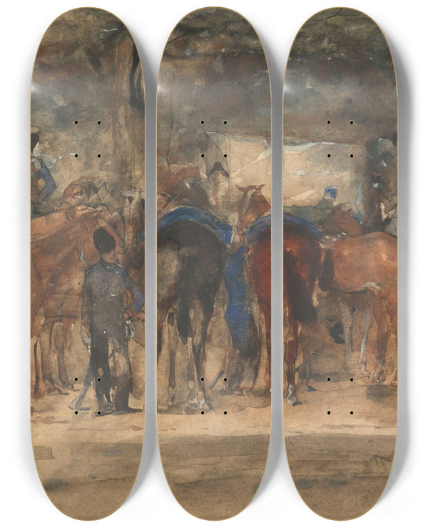 Triptych art skateboard deck of George Hendrik Breitner Rustende Cavalerie Op Een Plein by George Hendrik Breitner (1857-1923)