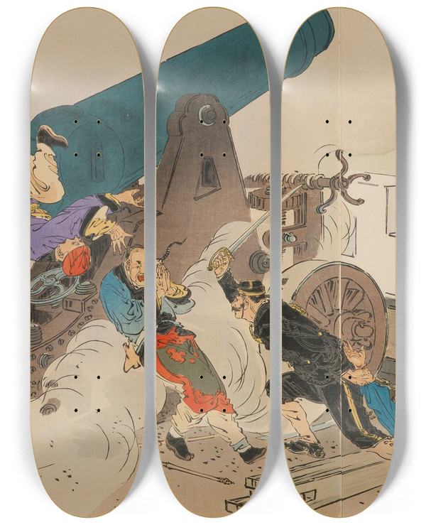 Triptych art skateboard deck of Gata Gekk The Fall Of Port Arthur by Ogata Gekko (1859-1920)