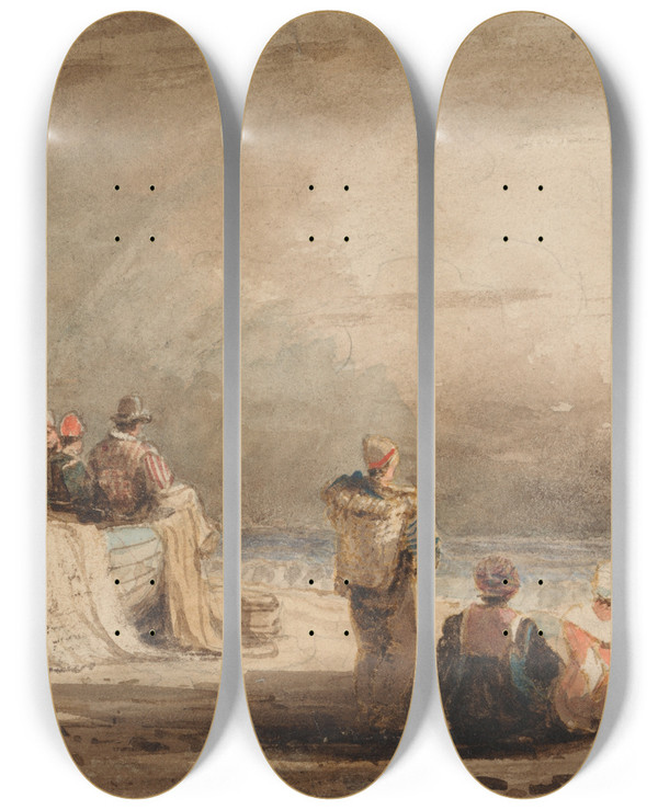 Triptych art skateboard deck of Samuel Prout Figures On A Beach by Samuel Prout (1783-1852)