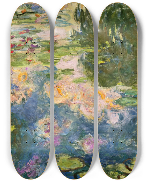 Triptych art skateboard deck of Claude Monet Le Bassin Aux Nymphas_1 by Claude Monet (1840-1926)