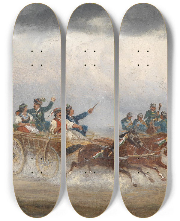 Triptych art skateboard deck of Alfred Steinacker Ungarischer Hochzeitswagen by Alfred Steinacker (1838-1914)