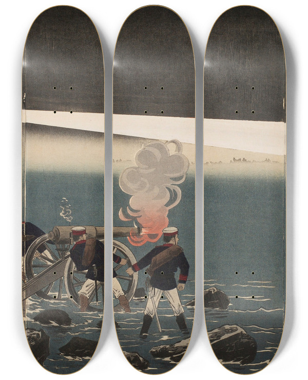 Triptych art skateboard deck of Kobayashi Kiyochika The Use Of Electricity During The Attack On Pyeongyang by Kobayashi Kiyochika (1847-1915)