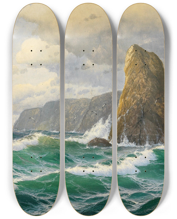 Triptych art skateboard deck of Max Jensen A Seascape With Steamer On The Horizon_1 by Max Jensen (1860-1907)