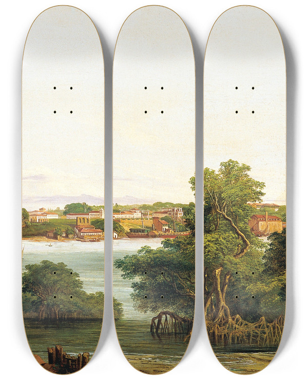 Triptych art skateboard deck of Joseph Lon Righini View Of So Luis Do Maranho by Joseph Leon Righini (1820-1884)