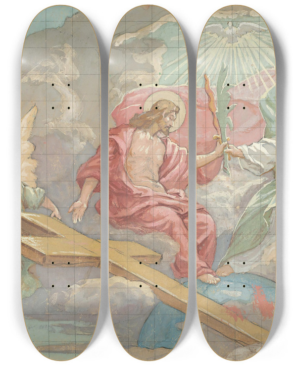 Triptych art skateboard deck of Jozef Hanula The Holy Trinity by Jozef Hanula (1863-1944)