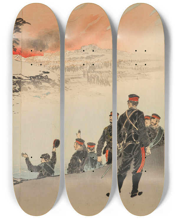 Triptych art skateboard deck of Gata Gekk The Campaign At Tianzhuangtai A Meeting Of Eleven Generals by Ogata Gekko (1859-1920)