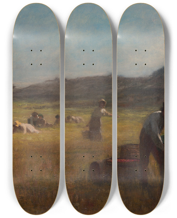 Triptych art skateboard deck of Eastman Johnson Cranberrypickers by Eastman Johnson (1824-1906)