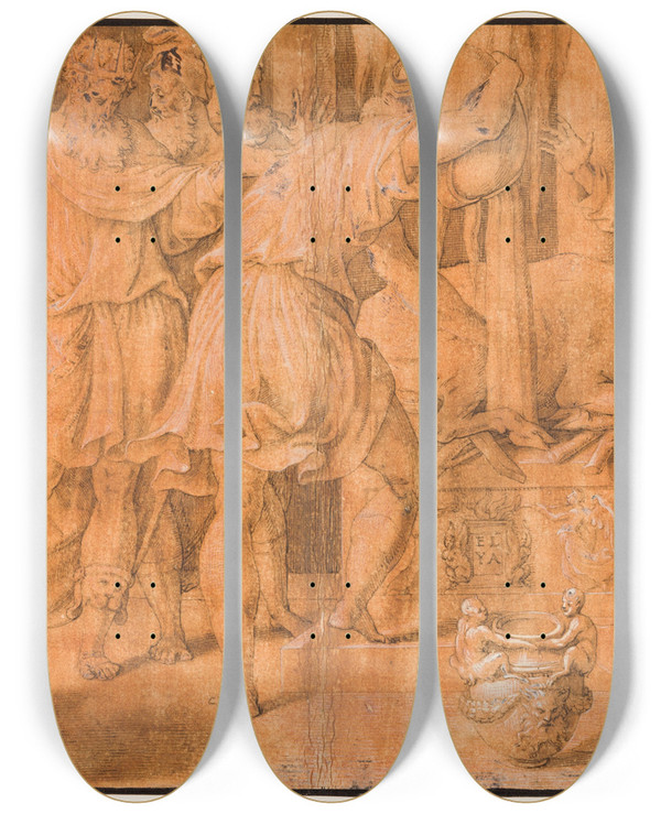 Triptych art skateboard deck of Antonio Campi Elia Opfert In Gegenwart Von Ahab by Antonio Campi (1522-1587)