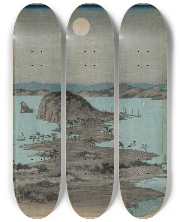 Triptych art skateboard deck of And Hiroshige Eight Views Of Kanazawa At Night_2 by Ando Hiroshige (1797-1858)