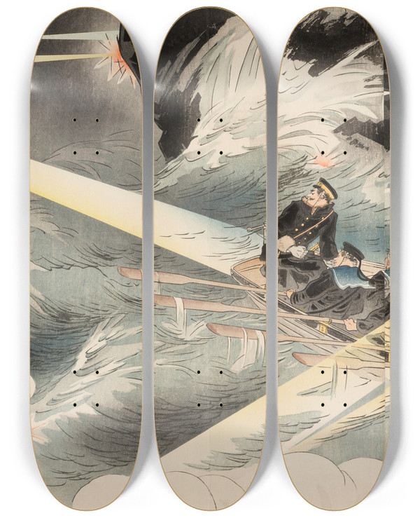 Triptych art skateboard deck of Kura Kt The First Blockade Of The Entrance To The Harbor Of Port Arthur On The Night Of February 24 1904 by kura Kt (1910)